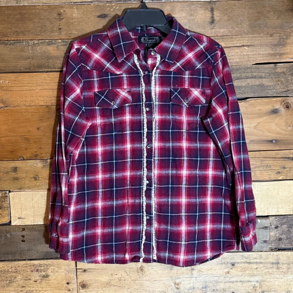 Shyanne Girls XL (12/14?) western shirt red plaid with lace and jewel buttons.